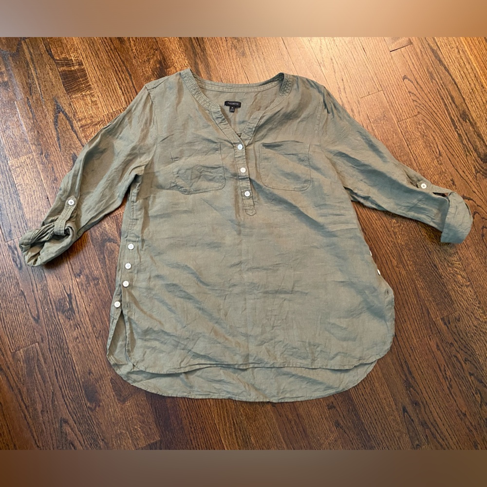100% linen- Talbots- Lightweight Olive/Sage Green Womens Henley Tunic Top button